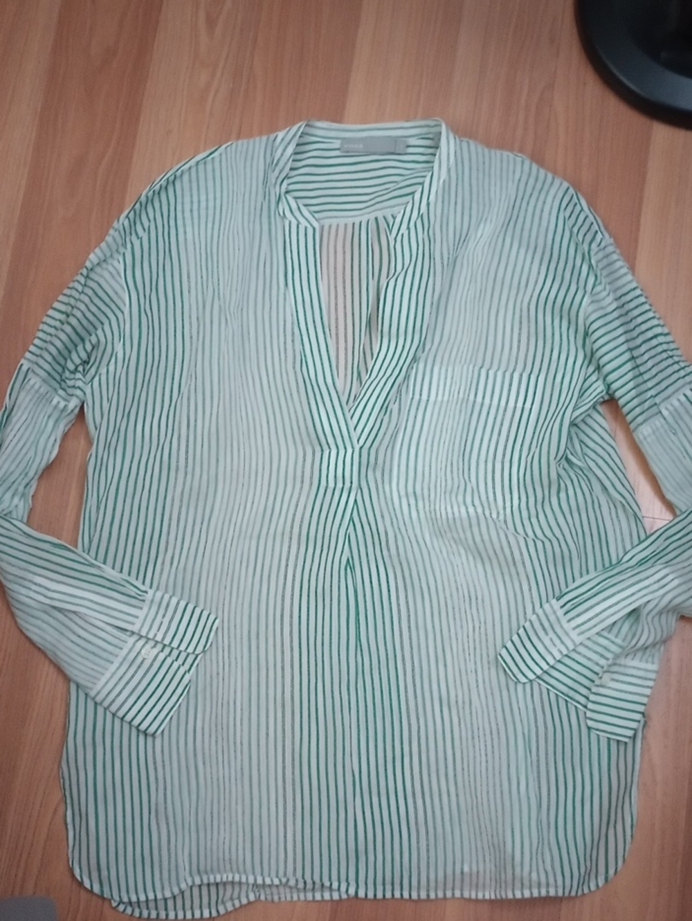 Vince Mint and White Pencil Striped V-Neck Top